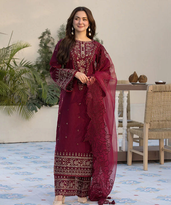 Dhanak-3PC Embroidered Shirt with Organza Embroidered Dupatta- 3285