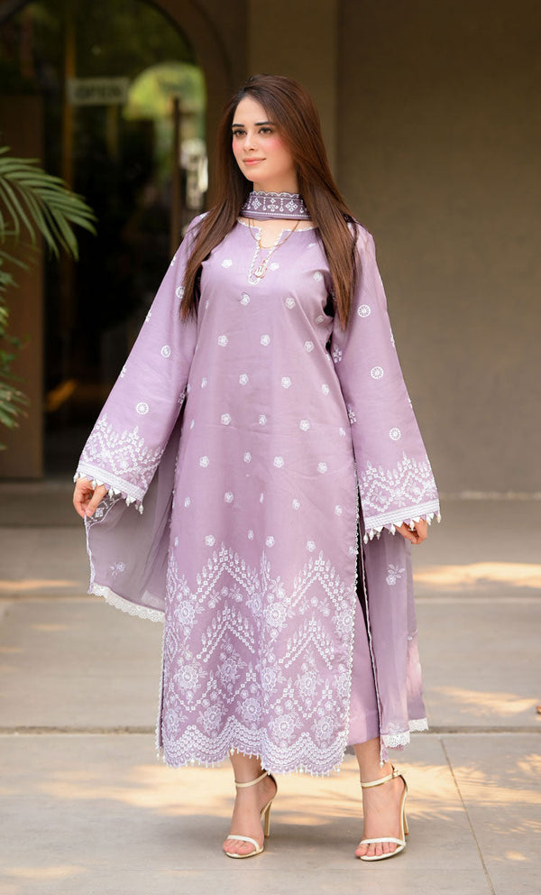 Dhanak-3PC Embroidered Shirt with Chiffon Embroidered Dupatta-3450