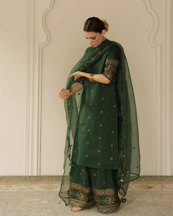 Dhanak-3PC Embroidered Shirt with Organza Sequence Embroidered Dupatta - 3444
