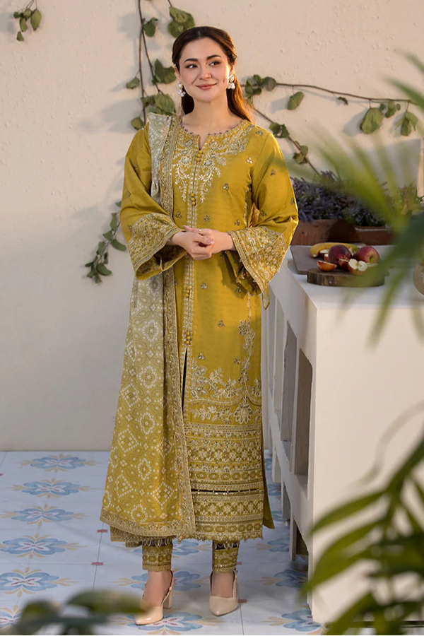 Dhanak-3PC Embroidered Shirt with Digital Printed Wool Shawl - 3289